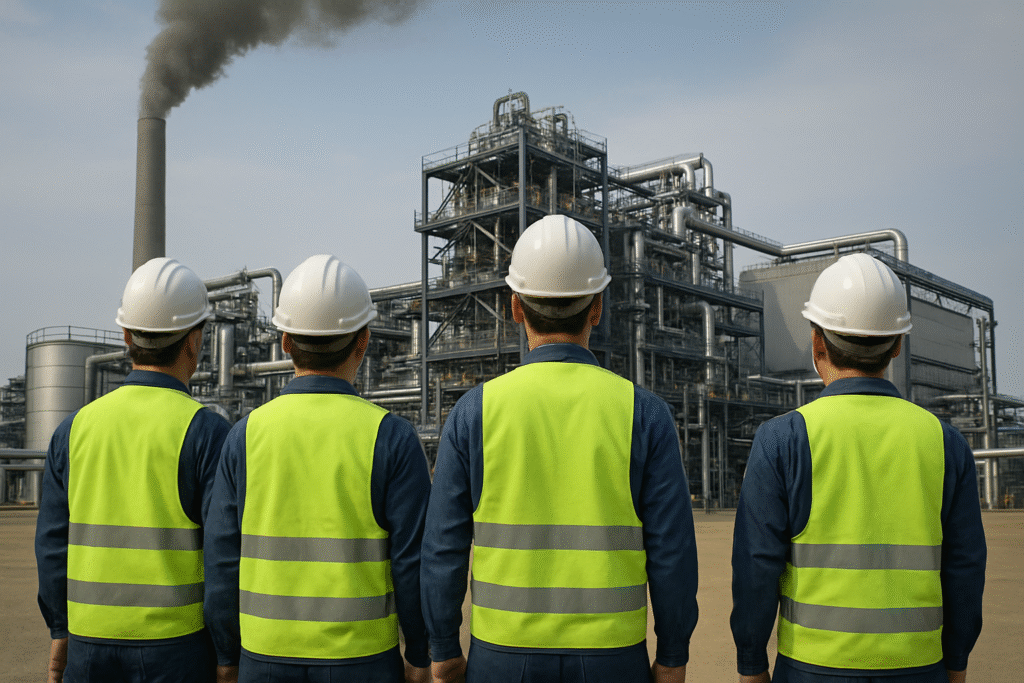 Industrial Workers in Front of Plant